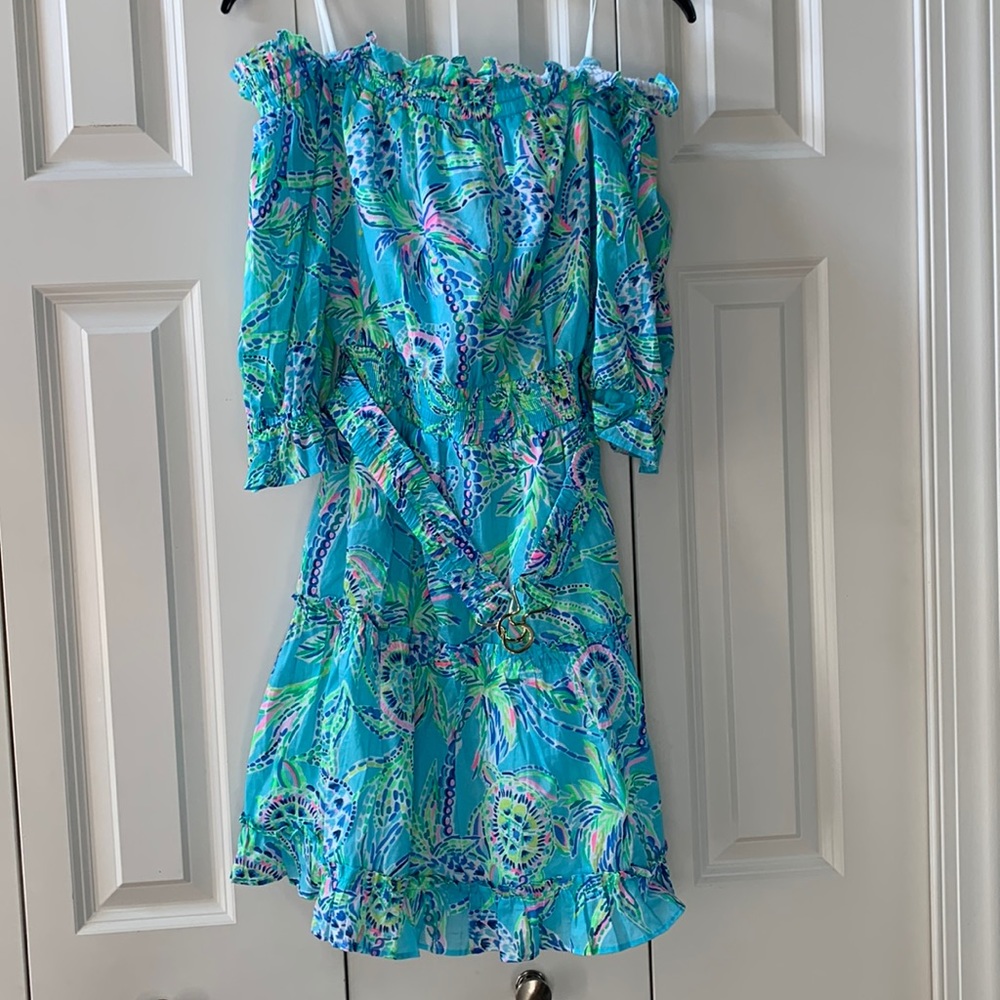 Lilly Pulitzer off-the-shoulder belted ruffle dress size Large